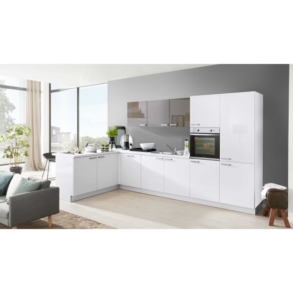 Interliving Küche Serie 3022 mit gorenje Einbaugeräten Weiß & Lava Hochglanz – Stellfläche ca. 185 x 380 cm