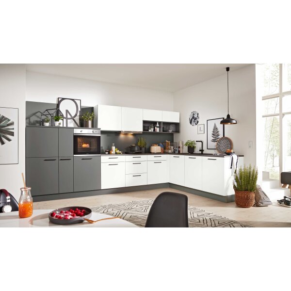 Interliving Küche Serie 3032 mit gorenje Einbaugeräten Weiß & Quarzgrau - Stellfläche ca. 395 x 245 cm