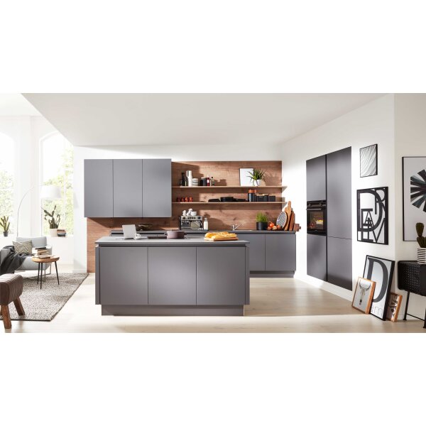 Interliving Küche Serie 3098 mit SIEMENS Einbaugeräten Quarzgrau & Steineiche - dreizeilig