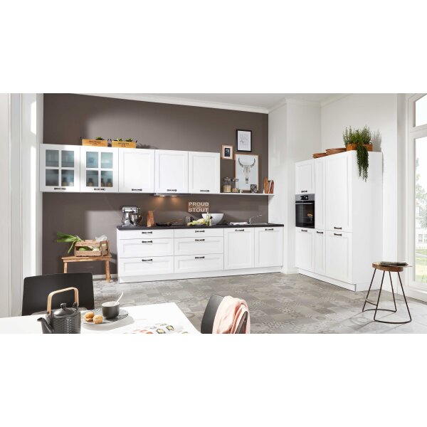 Interliving Küche Serie 3023 mit AEG Einbaugeräten Weiß & Mooreiche – zweizeilig