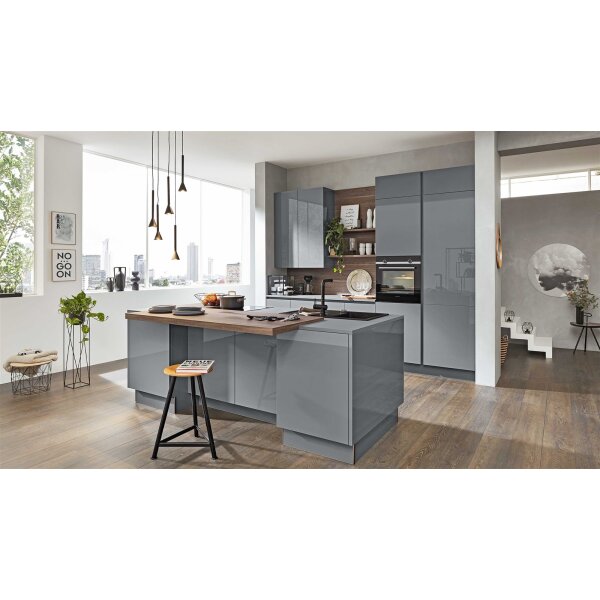 Interliving Küche Serie 3042 mit SIEMENS Einbaugeräten Quarzgrau & Eiche Graphitsilber – zweizeilig