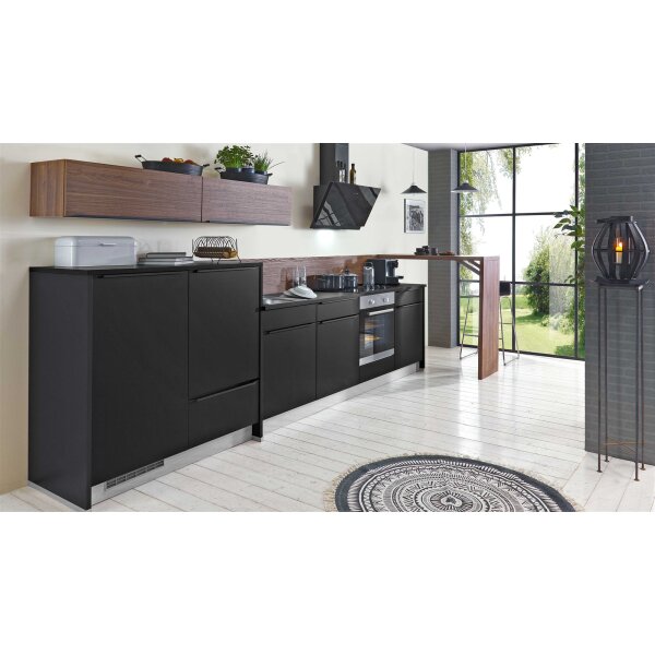 EXPRESS KÜCHEN Einbauküche Cleanmit IGNIS Geräten Schwarz & Nussbaum - Länge ca. 353 cm
