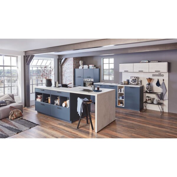 nobilia® Einbauküche Easytouch mit beko Elektrogeräten Fjordblau & Weißbeton - zweizeilig
