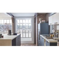 nobilia® Einbauküche Easytouch mit beko Elektrogeräten Fjordblau & Weißbeton - zweizeilig