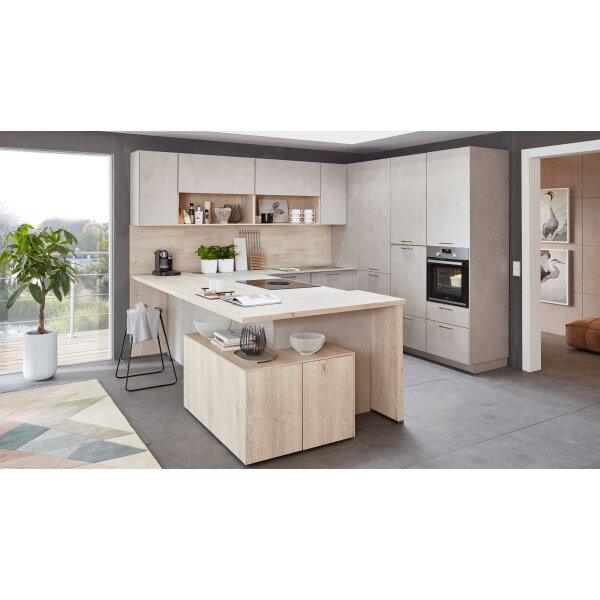 nobilia® Einbauküche Riva mit BORA Muldenlüfter Beton Sand & Eiche Montreal - Stellfläche ca. 304 x 319 cm