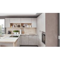 nobilia® Einbauküche Riva mit BORA Muldenlüfter Beton Sand & Eiche Montreal - Stellfläche ca. 304 x 319 cm