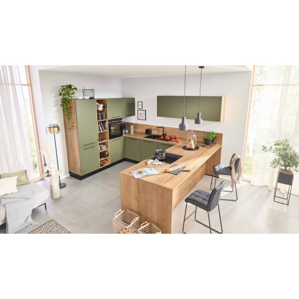 Interliving Küche Serie 3065 mit SIEMENS-Einbaugeräten Olive & Eiche Ventura – Stellfläche ca. 350 x 278 cm
