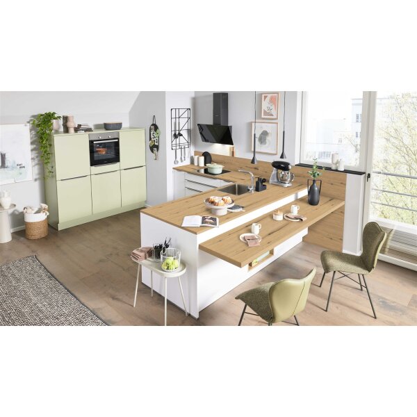 Interliving Küche Serie 3109 mit Constructa-Einbaugeräten Arcticweiß, Avocado & Vulkaneiche - zweizeilig