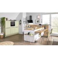 Interliving Küche Serie 3109 mit Constructa-Einbaugeräten Arcticweiß, Avocado & Vulkaneiche - zweizeilig