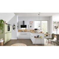 Interliving Küche Serie 3109 mit Constructa-Einbaugeräten Arcticweiß, Avocado & Vulkaneiche - zweizeilig
