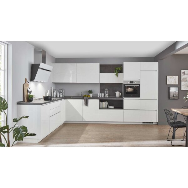 nobilia® Einbauküche Novalux mit Elektrogeräten Weiß & Beton Schiefergrau - Stellfläche ca. 255 x 400 cm