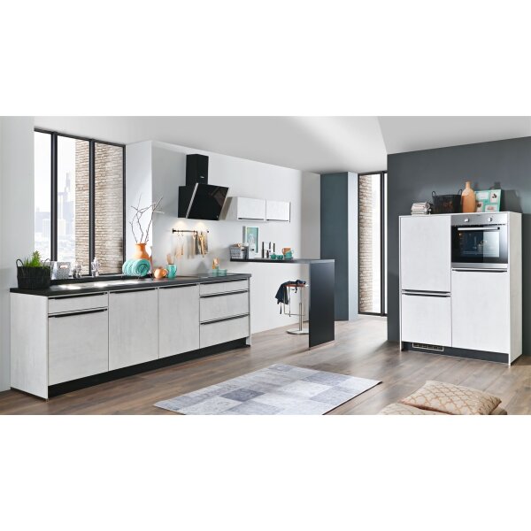 EXPRESS KÜCHEN Einbauküche Base mit Geräten Beton steinweiß & Schwarz - dreizeilig