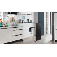 EXPRESS KÜCHEN Einbauküche Base mit Geräten Beton steinweiß & Schwarz - dreizeilig