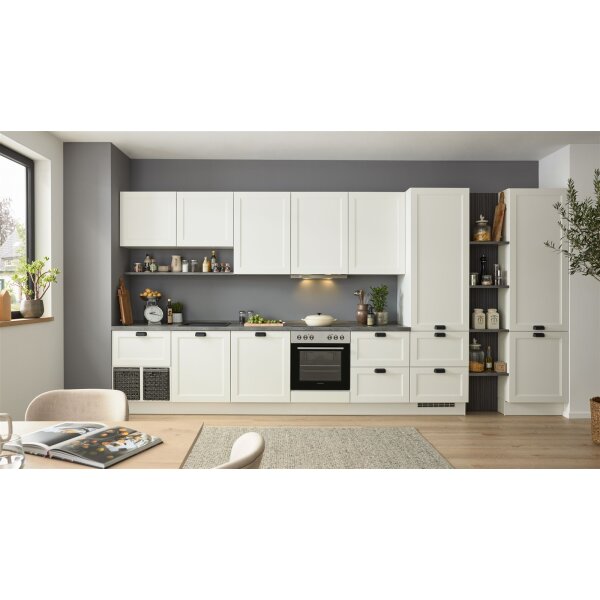 Culineo® Einbauküche C684 mit Einbaugeräten Mattweiß & schiefergraues Stripewood - Länge ca. 460 cm
