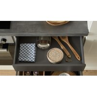 Culineo® Einbauküche C684 mit Einbaugeräten Mattweiß & schiefergraues Stripewood - Länge ca. 460 cm