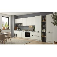 Culineo® Einbauküche C684 mit Einbaugeräten Mattweiß & schiefergraues Stripewood - Länge ca. 460 cm