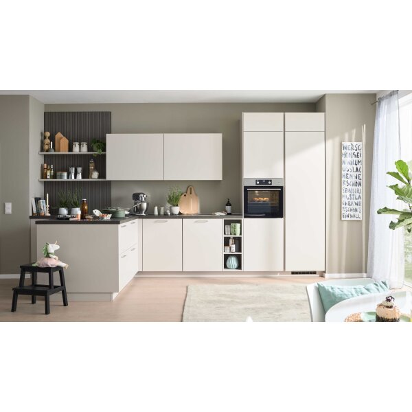 Culineo® Einbauküche C615 mit AEG Einbaugeräten Sand & taupefarbenes Stripewood - Stellfläche ca. 442 x 200 cm