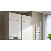 Culineo® Einbauküche C615 mit AEG Einbaugeräten Sand & taupefarbenes Stripewood - Stellfläche ca. 442 x 200 cm