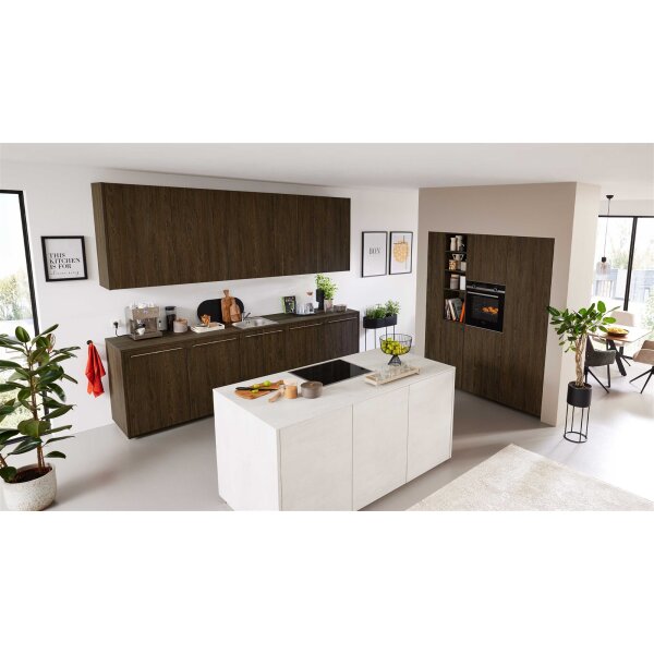 Interliving Küche Serie 3112 mit SIEMENS Einbaugeräten Noce Marone & weißer Beton - dreizeilig