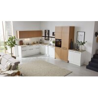 Interliving Küche Serie 3082 mit SIEMENS Einbaugeräten Mattweiß & Stripe Wood Crema - Stellfläche ca. 248 x 463 cm