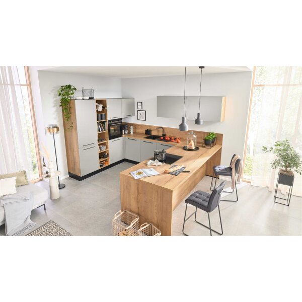 Interliving Küche Serie 3086 mit SIEMENS-Einbaugeräten Platingrau & Eiche Ventura – Stellfläche ca. 350 x 278 cm