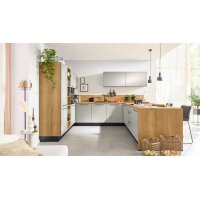 Interliving Küche Serie 3086 mit SIEMENS-Einbaugeräten Platingrau & Eiche Ventura – Stellfläche ca. 350 x 278 cm