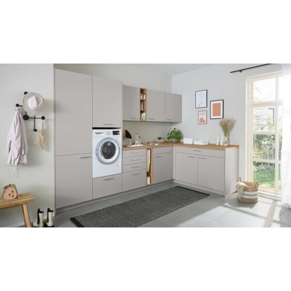 Culineo® Hauswirtschaftsraum C615 mit Edelstahlbecken Seidengrau & Eiche Como - Stellfläche ca. 328 x 187 cm