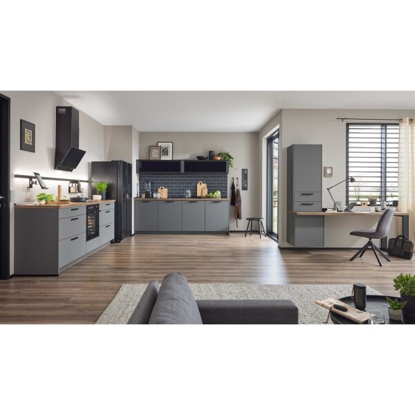 Culineo® Einbauküche C357 mit Homeoffice-Platz Schiefergrau & Schwarzglas - dreizeilig