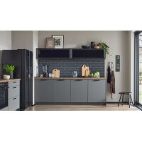 Culineo® Einbauküche C357 mit Homeoffice-Platz Schiefergrau & Schwarzglas - dreizeilig