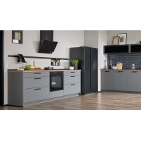 Culineo® Einbauküche C357 mit Homeoffice-Platz Schiefergrau & Schwarzglas - dreizeilig