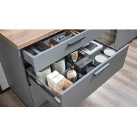 Culineo® Einbauküche C357 mit Homeoffice-Platz Schiefergrau & Schwarzglas - dreizeilig
