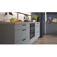 Culineo® Einbauküche C357 mit Homeoffice-Platz Schiefergrau & Schwarzglas - dreizeilig