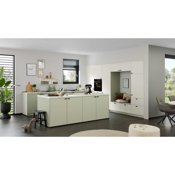 Culineo® Einbauküche C357 mit privileg Einbaugeräten Jade, Mattweiß & Marmor Venato Bianco - dreizeilig
