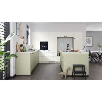Culineo® Einbauküche C357 mit privileg Einbaugeräten Jade, Mattweiß & Marmor Venato Bianco - dreizeilig