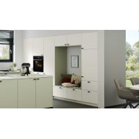 Culineo® Einbauküche C357 mit privileg Einbaugeräten Jade, Mattweiß & Marmor Venato Bianco - dreizeilig