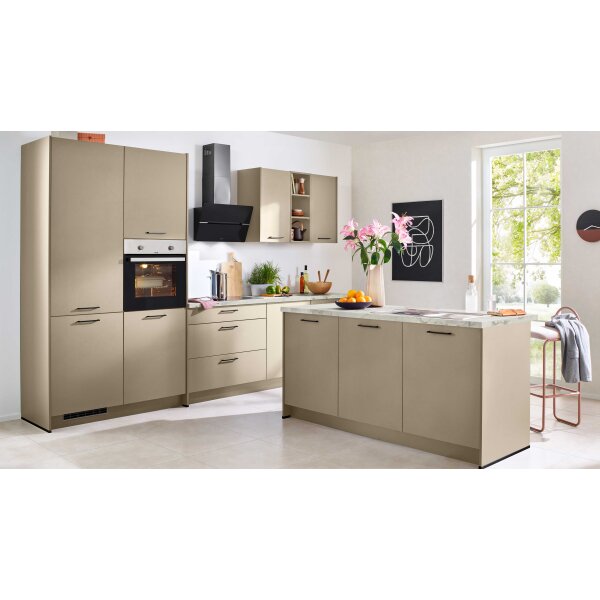 EXPRESS KÜCHEN Einbauküche Clean mit Einbaugeräten Cremegrau & heller Marmor - zweiteilig