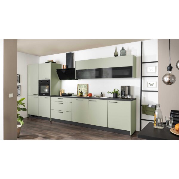 EXPRESS KÜCHEN Einbauküche Clean mit Einbaugeräten Salbeigrün & Schwarz - Länge ca. 390 cm
