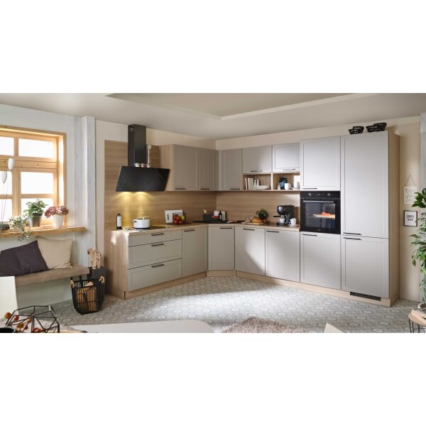 EXPRESS KÜCHEN Einbauküche Home mit Elektrogeräten Cremegrau & Eiche natur - Stellfläche ca. 250 x 330 cm