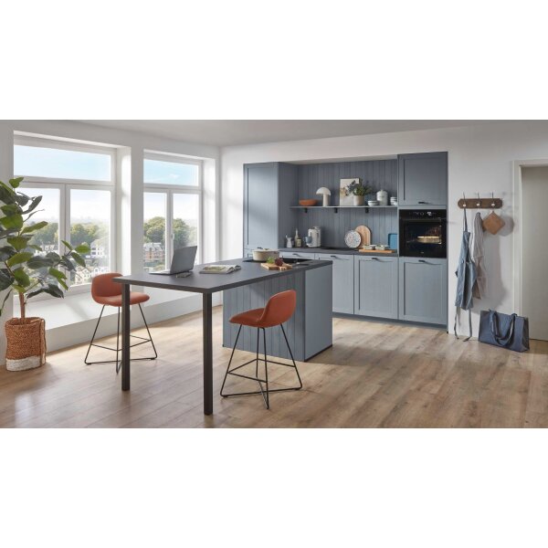 nobilia® Einbauküche Frame mit Geräten und Ansetztisch steinblaue Holzstruktur & Marmor schwarz - zweiteilig