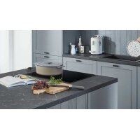 nobilia® Einbauküche Frame mit Geräten und Ansetztisch steinblaue Holzstruktur & Marmor schwarz - zweiteilig