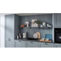 nobilia® Einbauküche Frame mit Geräten und Ansetztisch steinblaue Holzstruktur & Marmor schwarz - zweiteilig