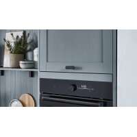 nobilia® Einbauküche Frame mit Geräten und Ansetztisch steinblaue Holzstruktur & Marmor schwarz - zweiteilig