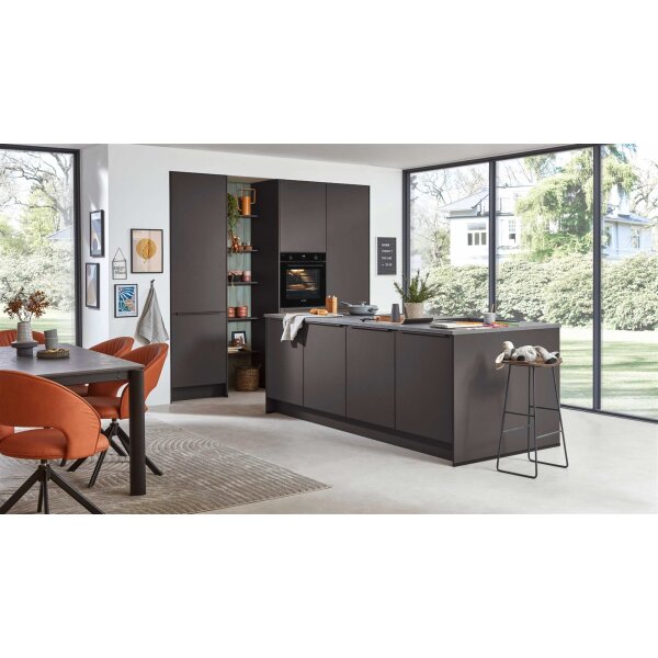 nobilia® Einbauküche Look mit Geräten und Kücheninsel Coffee strukturiert, Eiche olive & Schiefergrau - zweiteilig