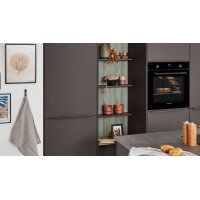 nobilia® Einbauküche Look mit Geräten und Kücheninsel Coffee strukturiert, Eiche olive & Schiefergrau - zweiteilig