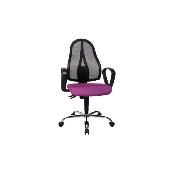 Drehstuhl orthoSedis 20 als ergonomisches Büromöbel lilafarbener Sitzbezug G03 & schwarze Netzbespannung, verchromtes Drehkreuz