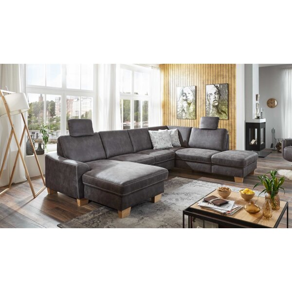 Modulmaster Wohnlandschaft MM-ZE1037 graue Mikrofaser Taurus & Holzfüße – Stellfläche ca. 313 x 235 cm