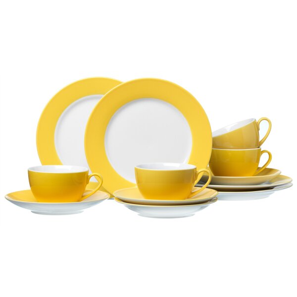 Ritzenhoff & Breker Kaffeeservice Doppio weißes Porzellan mit gelbem Rand - zwölfteilig, Kaffeegeschirr