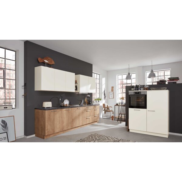 Interliving Küche Serie 3014 mit AEG Einbaugeräten Magnolie & Chaleteiche – zweizeilig