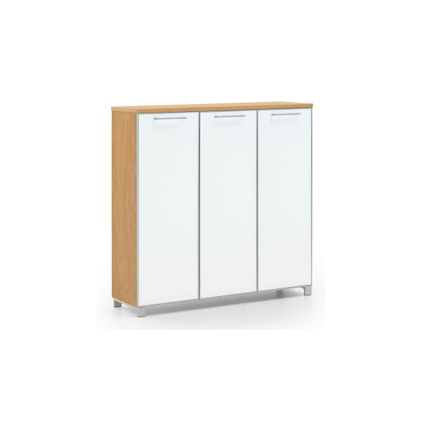 VOSS MÖBEL Schuhkommode Santina bzw. Schuhschrank Eiche Bianco & weißes Glas – drei Türen