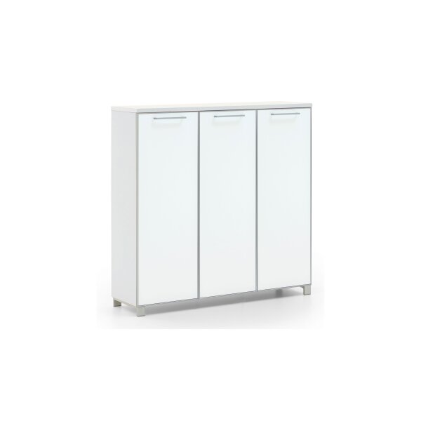 VOSS MÖBEL Schuhkommode Santina bzw. Schuhschrank weißer Lack & weißes Glas – drei Türen